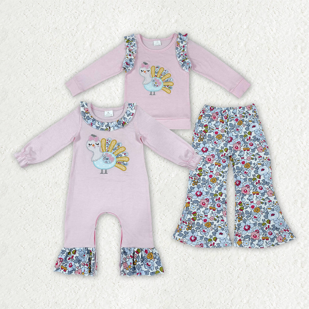 Long sleeve Thanksgiving turkey embroidery top matching pants girls wholesale factory price outfit