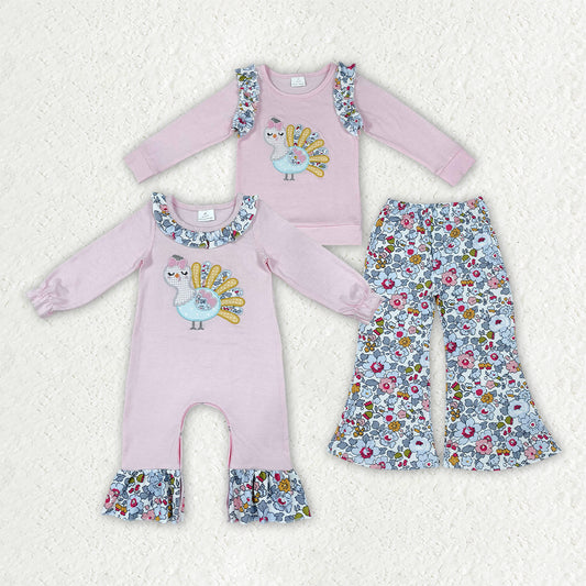 Long sleeve Thanksgiving turkey embroidery top matching pants girls wholesale factory price outfit