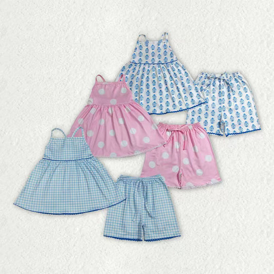 Blue flowers design top matching shorts girls summer outfit