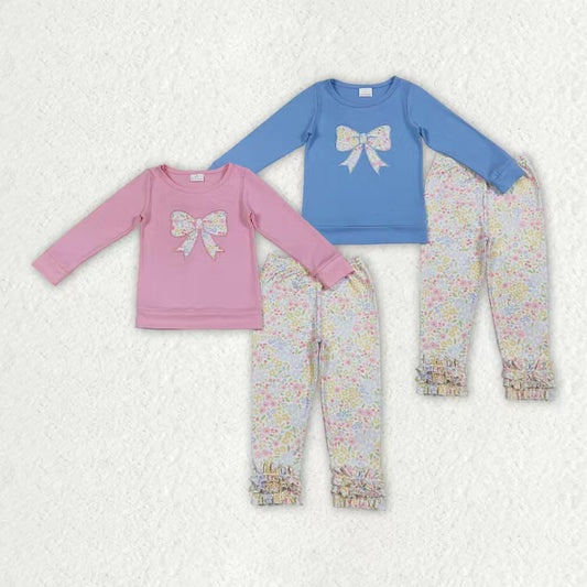 Embroidery Floral bow design kids girls long sleeve blue outfit