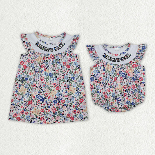 Best sister Embroidery Mamas girl pink blue floral summer clothes