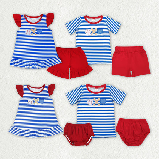 sister brother embroidery baseball print shirt red shorts matching outfit