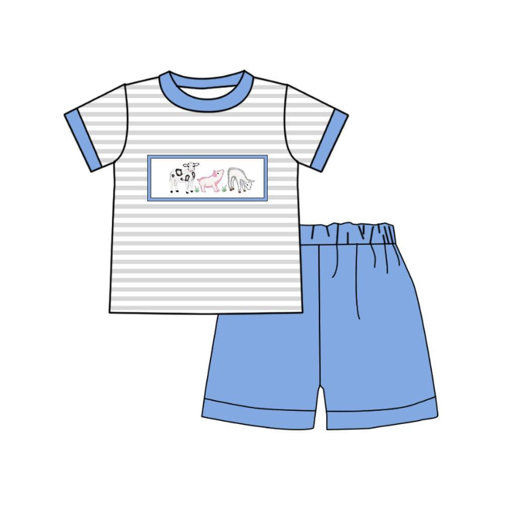 baby boy grey stripes farm animal outfit