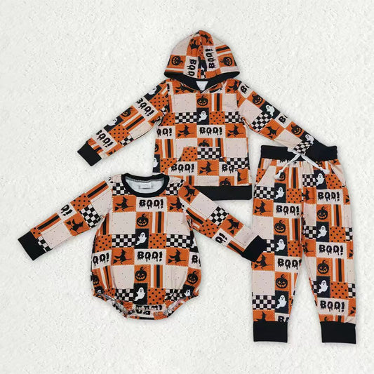 Halloween boo ghost print boys long sleeve hoodie set outfit