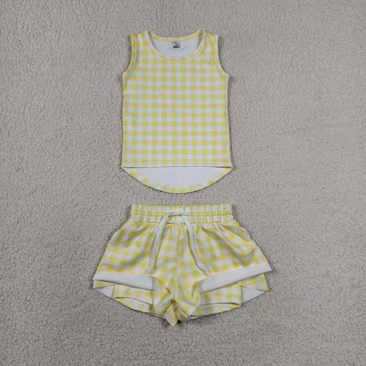 Yellow plaid top matching shorts girl summer yoga outfit preorder