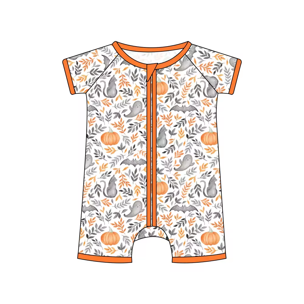 infant baby short sleeve pumpkin ghost halloween zip romper