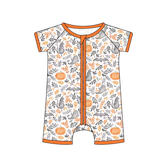 infant baby short sleeve pumpkin ghost halloween zip romper