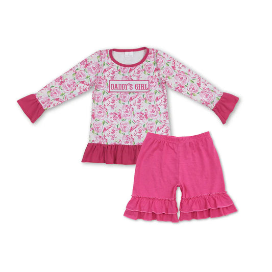 RTS NO MOQ GT0402+SS0178 Flower DADDY GIRL long sleeve top cotton shorts sets