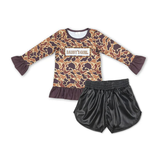 GT0404+SS0413 DADDY GIRL camoufalge long-sleeved top Glossy leather black shorts sets