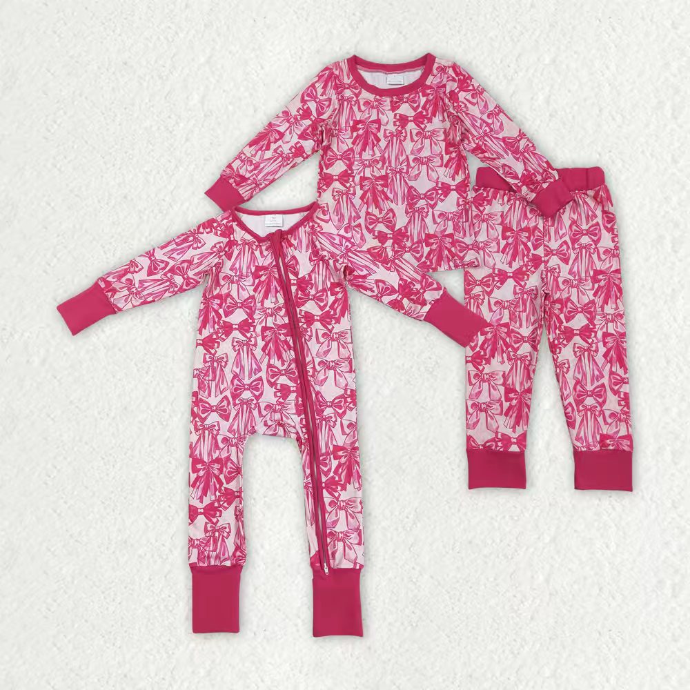 Pink bow long sleeve pajama set outfit