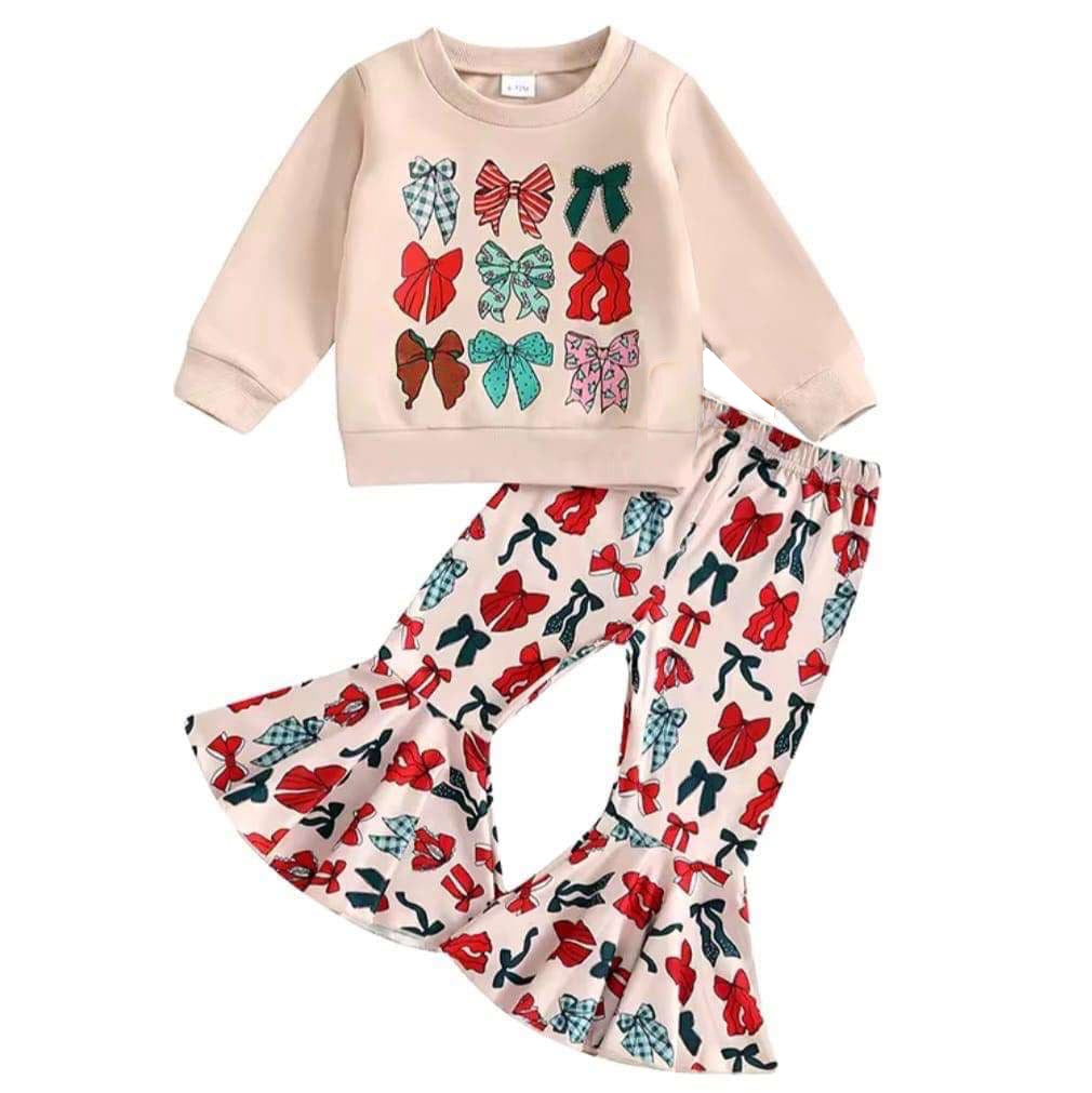 Christmas bow girls matching clothing set