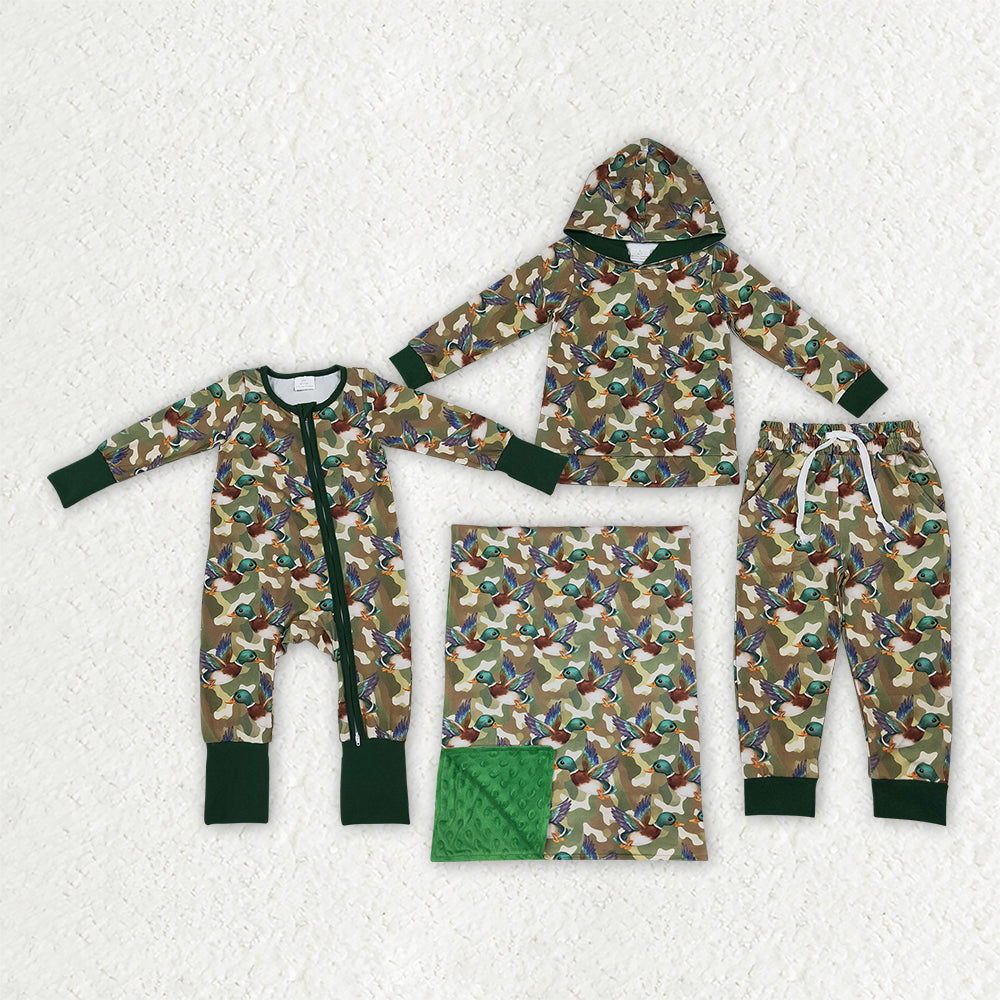 Duck print boys long sleeve set romper blanket matching outfit