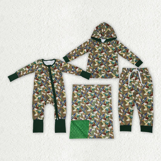 Duck print boys long sleeve set romper blanket matching outfit