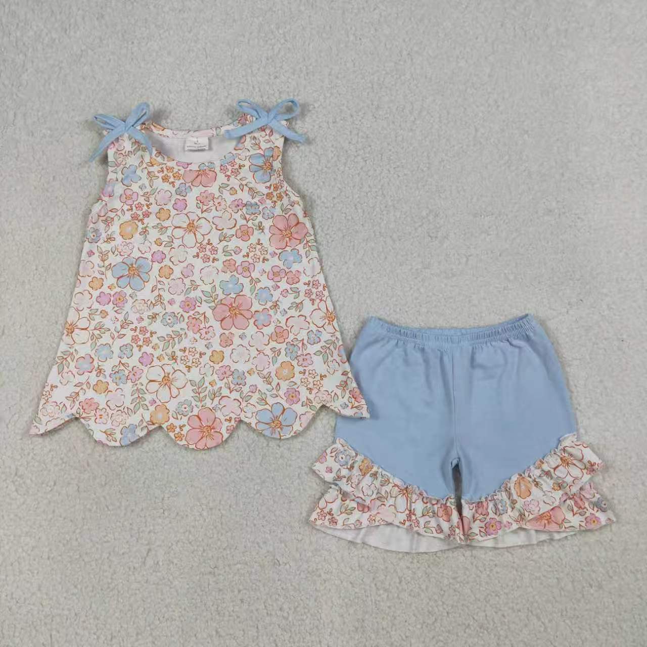 Pink yellow flowers top matching shorts girls summer outfit