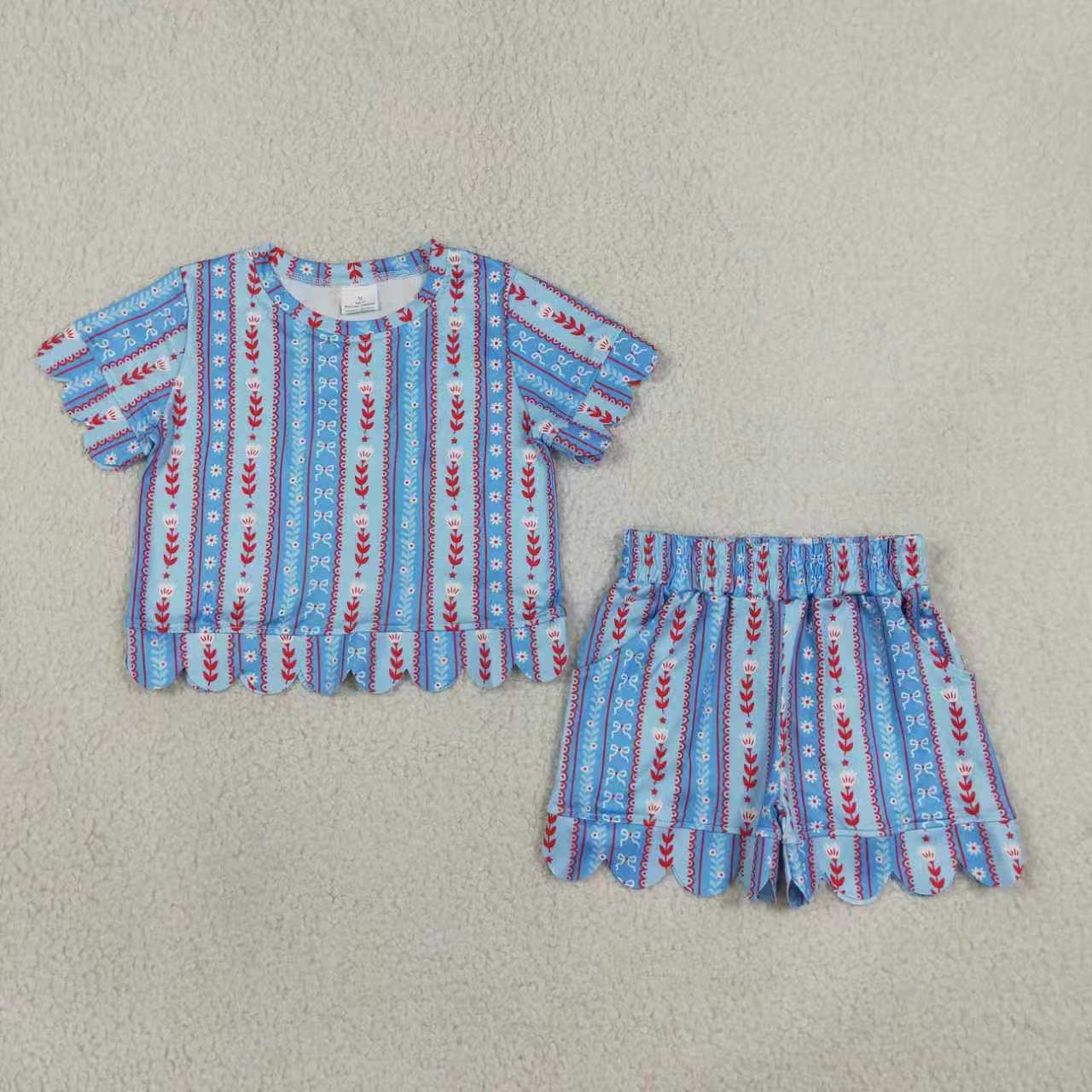 July 4th red blue bow top matching shorts girl summer clothes