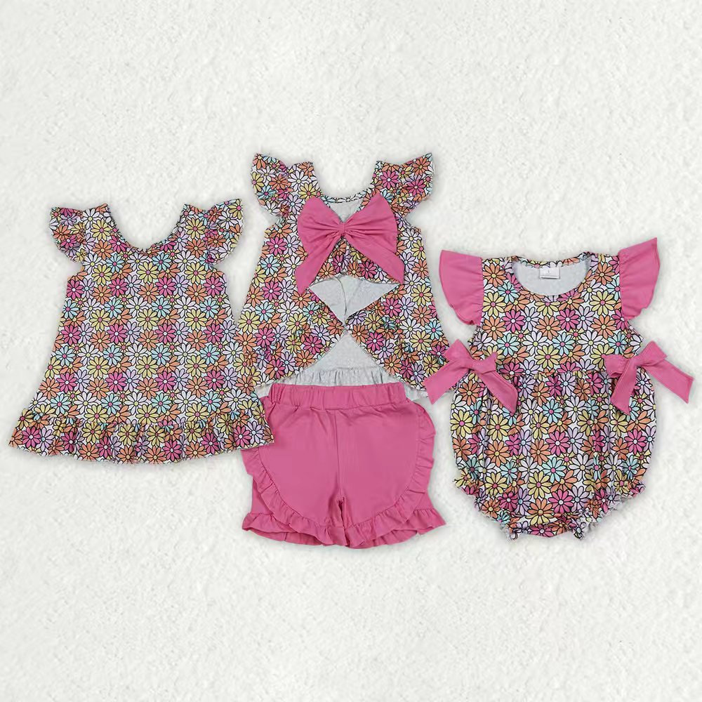 Colorful flowers top matching shorts girls summer outfit