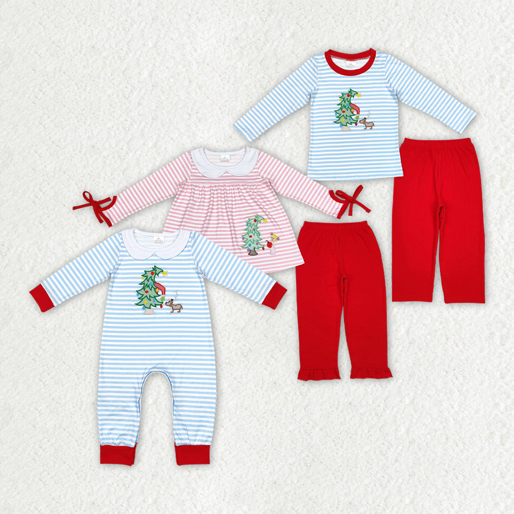 Sister brother embroidery Christmas tree dog tunic top matching pants butique fall winter clothes