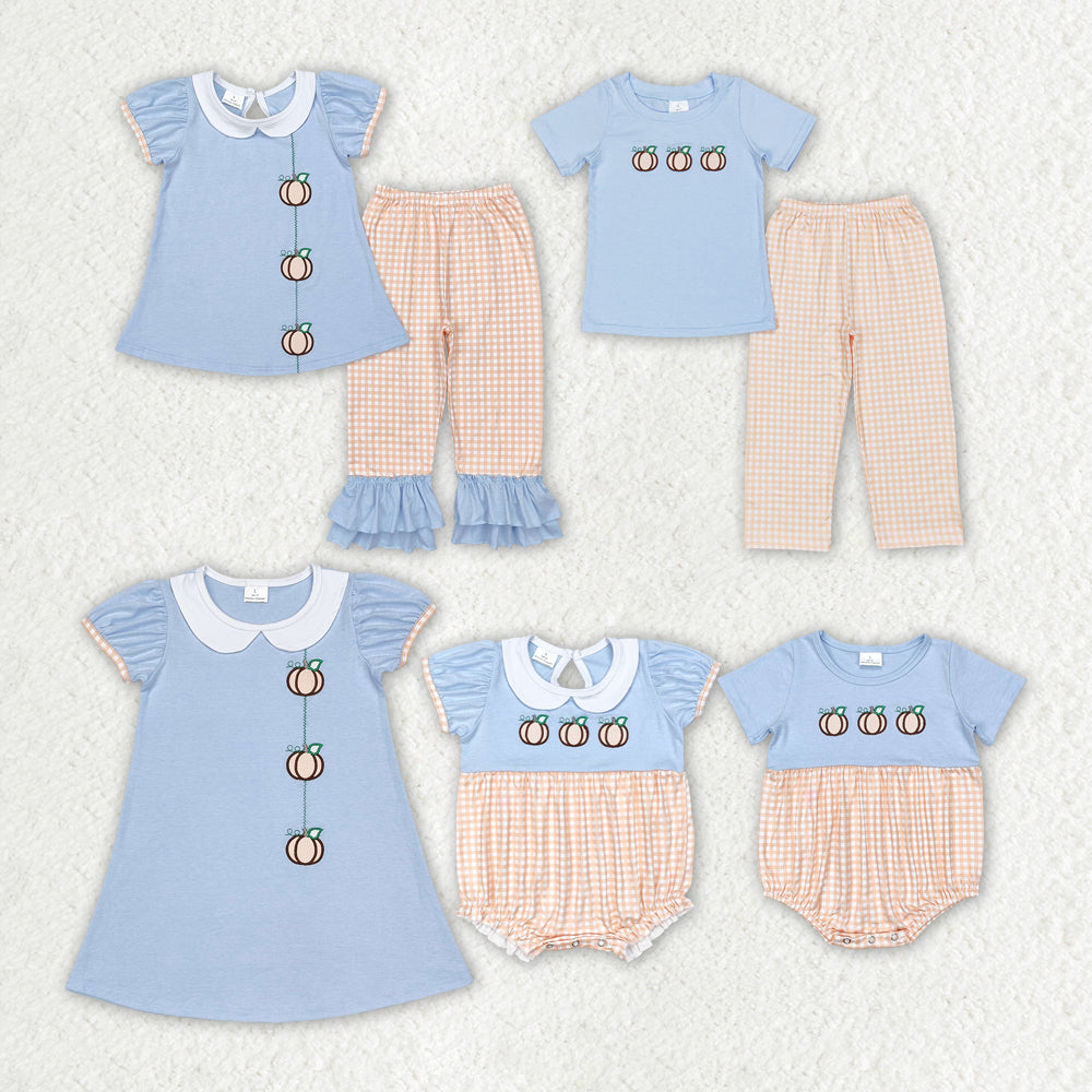 sister brother embroidery three pumpkins baby girls fall  clothes