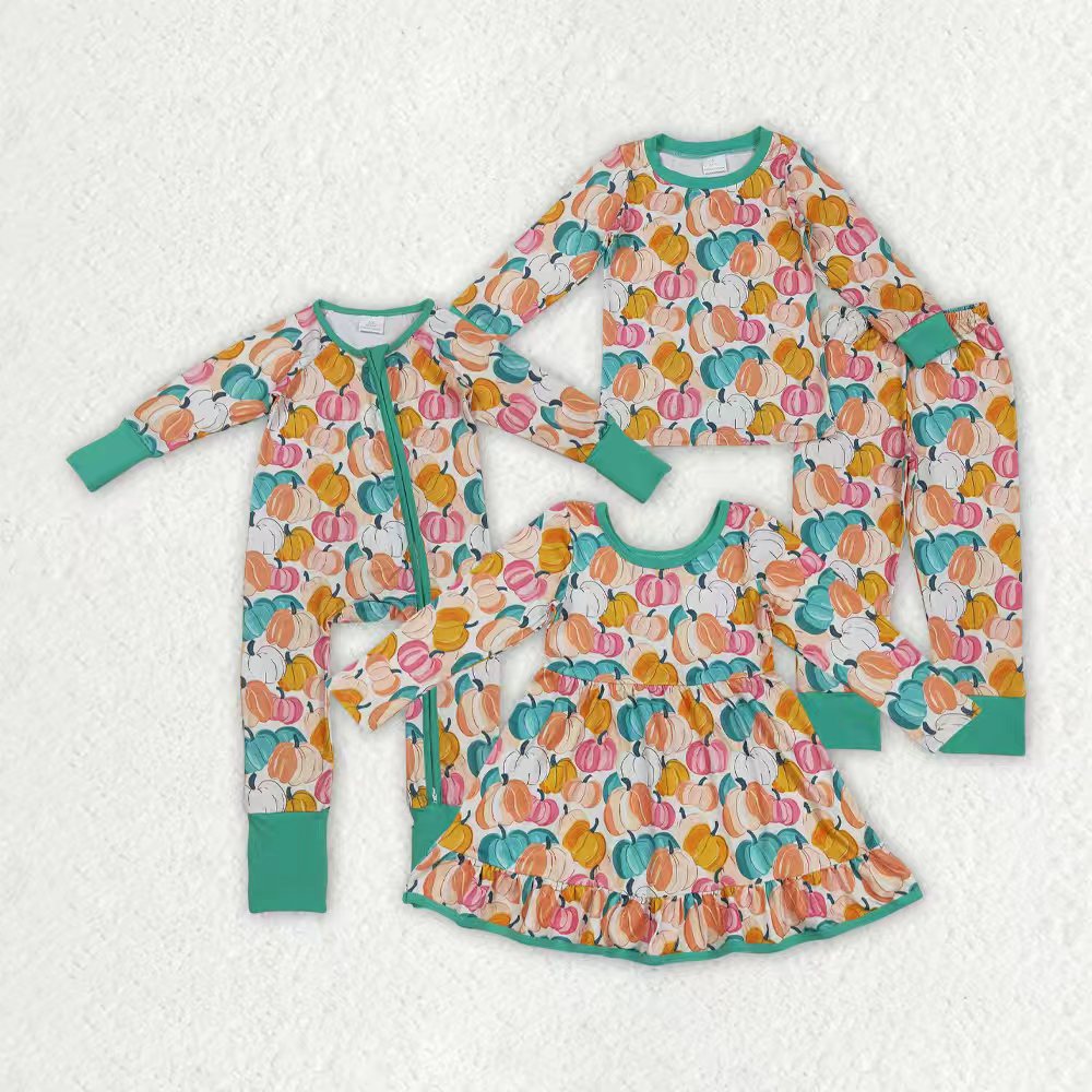 Colorful pumpkins  kids girls matching pajama set