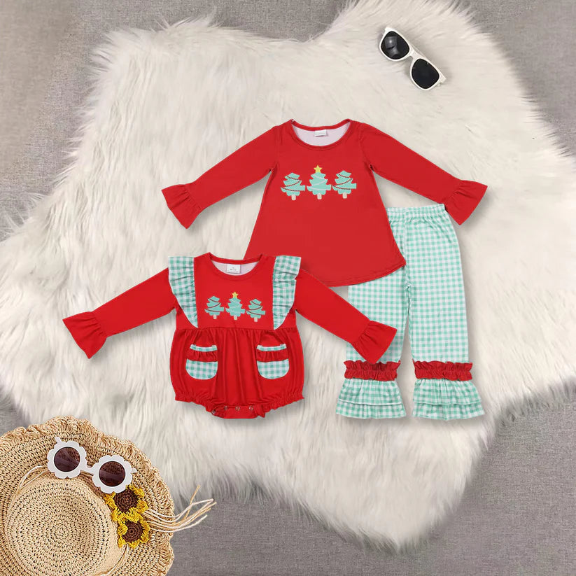 baby girl christmas tree red shirt long sleeve plaid pants outfit
