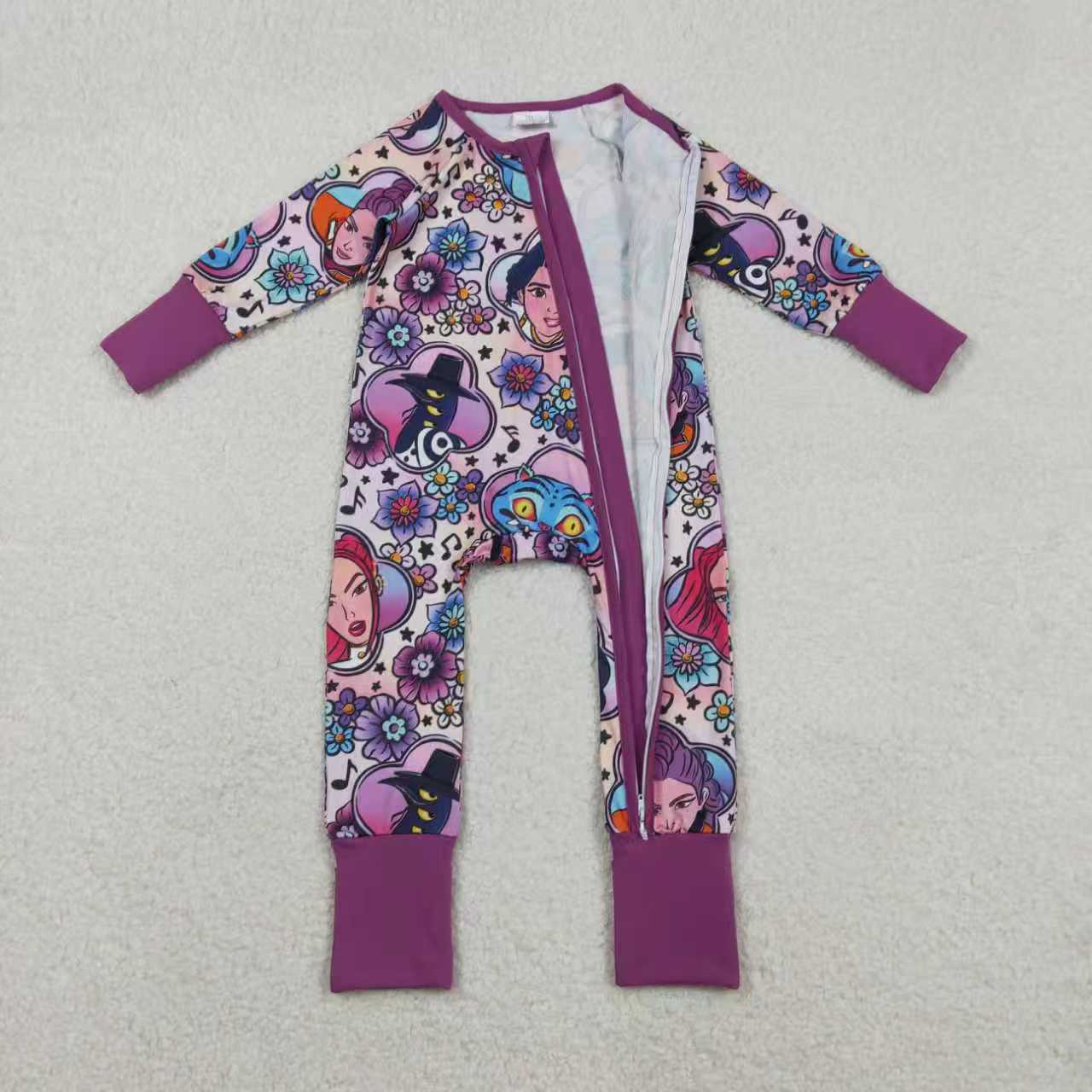 Cartoon floral design kids long sleeve top matching pants girls pajama set