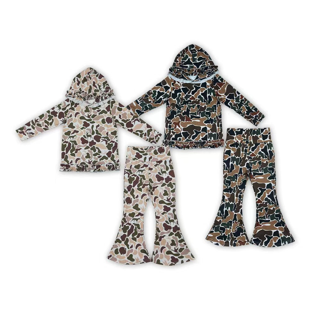 Dark green camo long sleeve top matching pants girls hoodie set