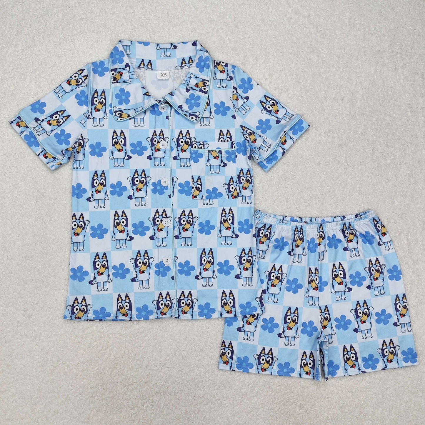 mommy and me blue cartoon dog short sleeve button down pajama set