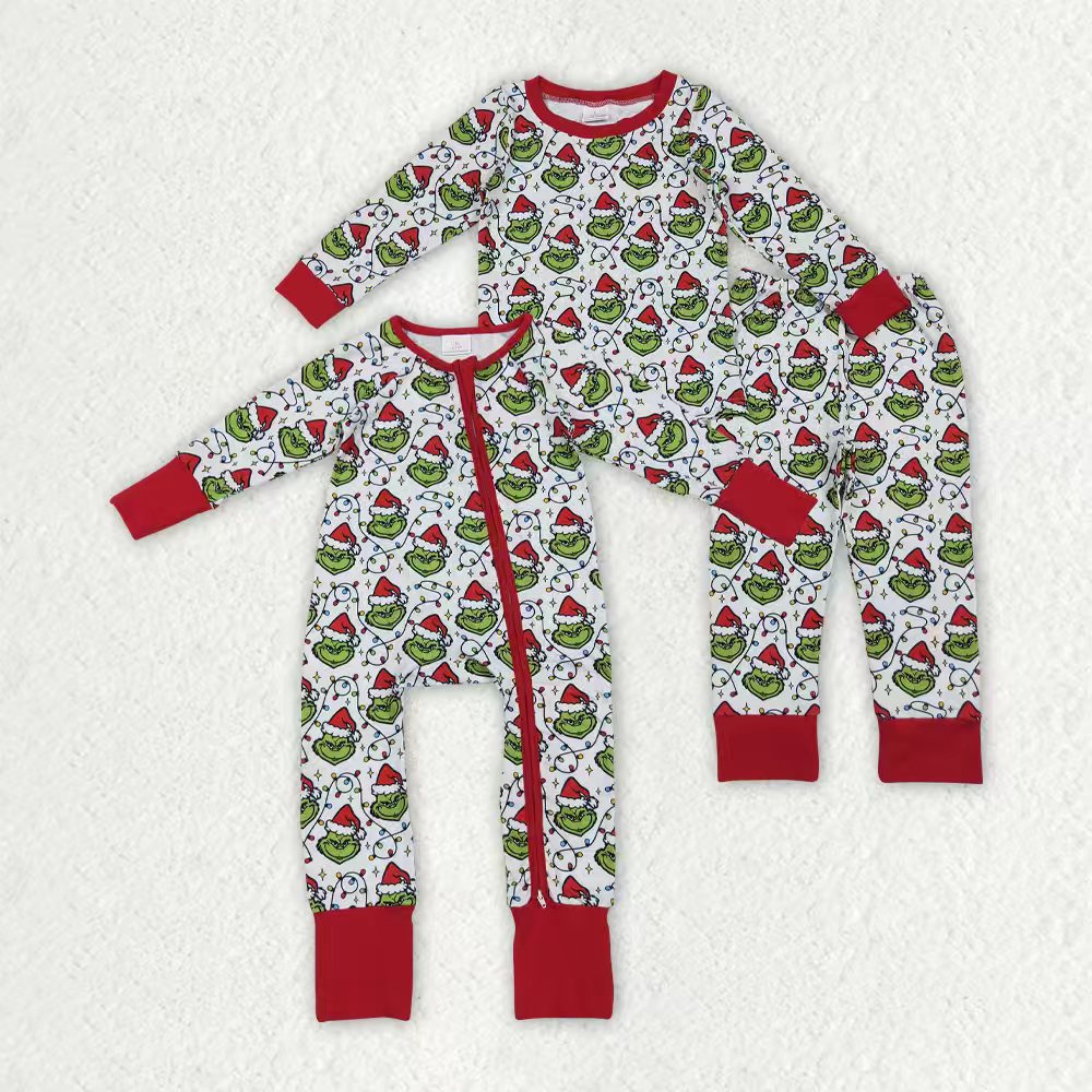 Christmas green face kids girls matching pajama set