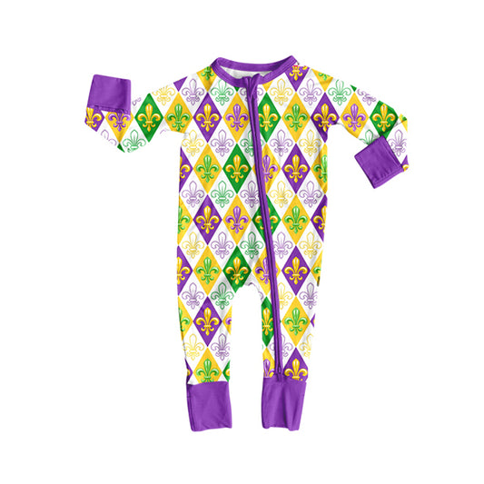 toddle baby Mardi Gras long sleeve zip romper