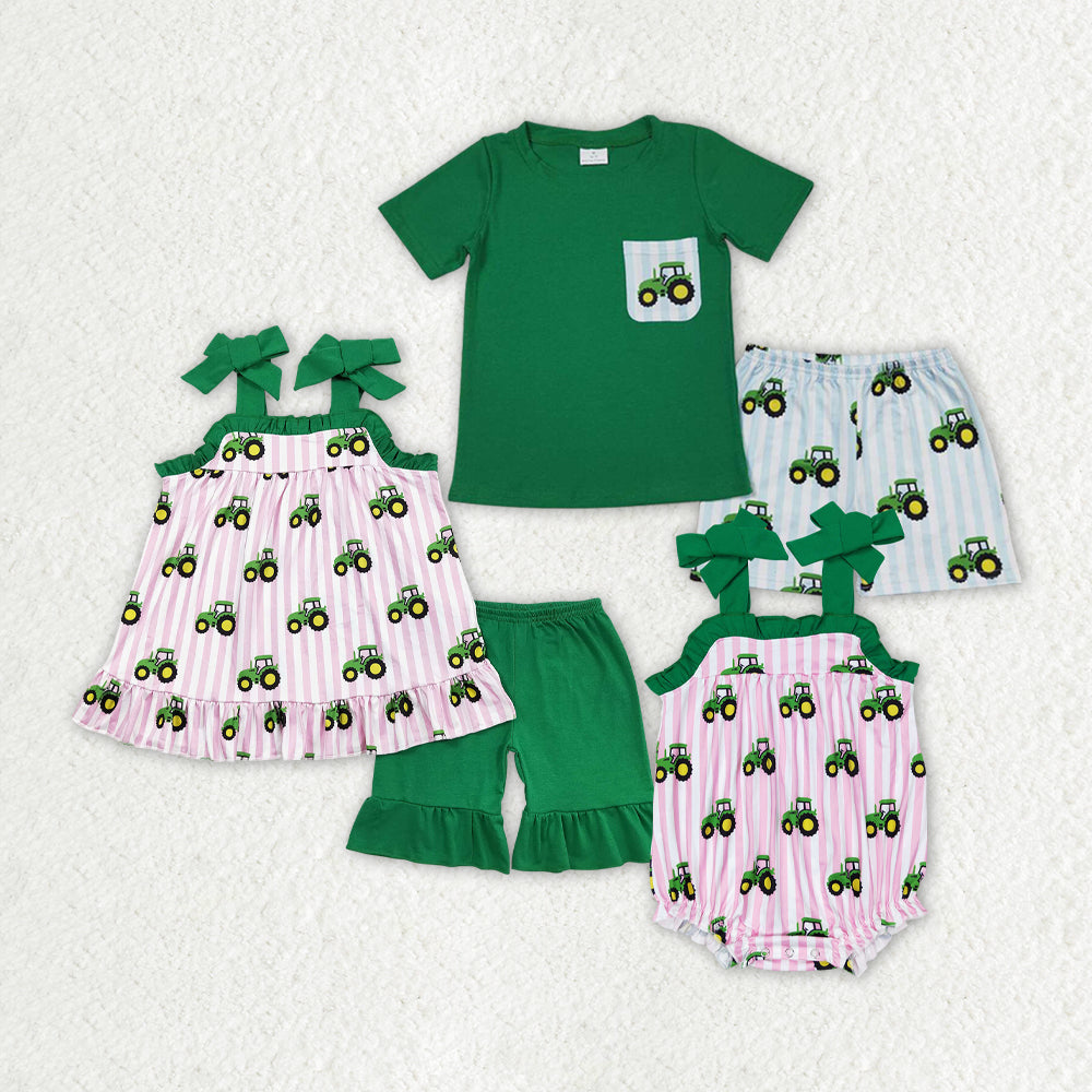 green tractor pink stripes sister brother summer clothing set