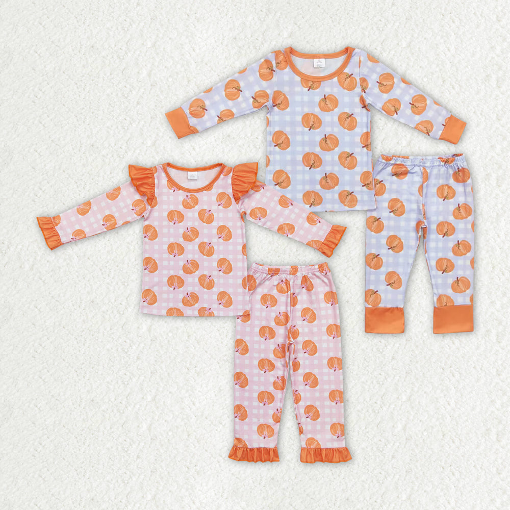 sister brother pumpkin pink checkered long sleeve bamboo pajama set