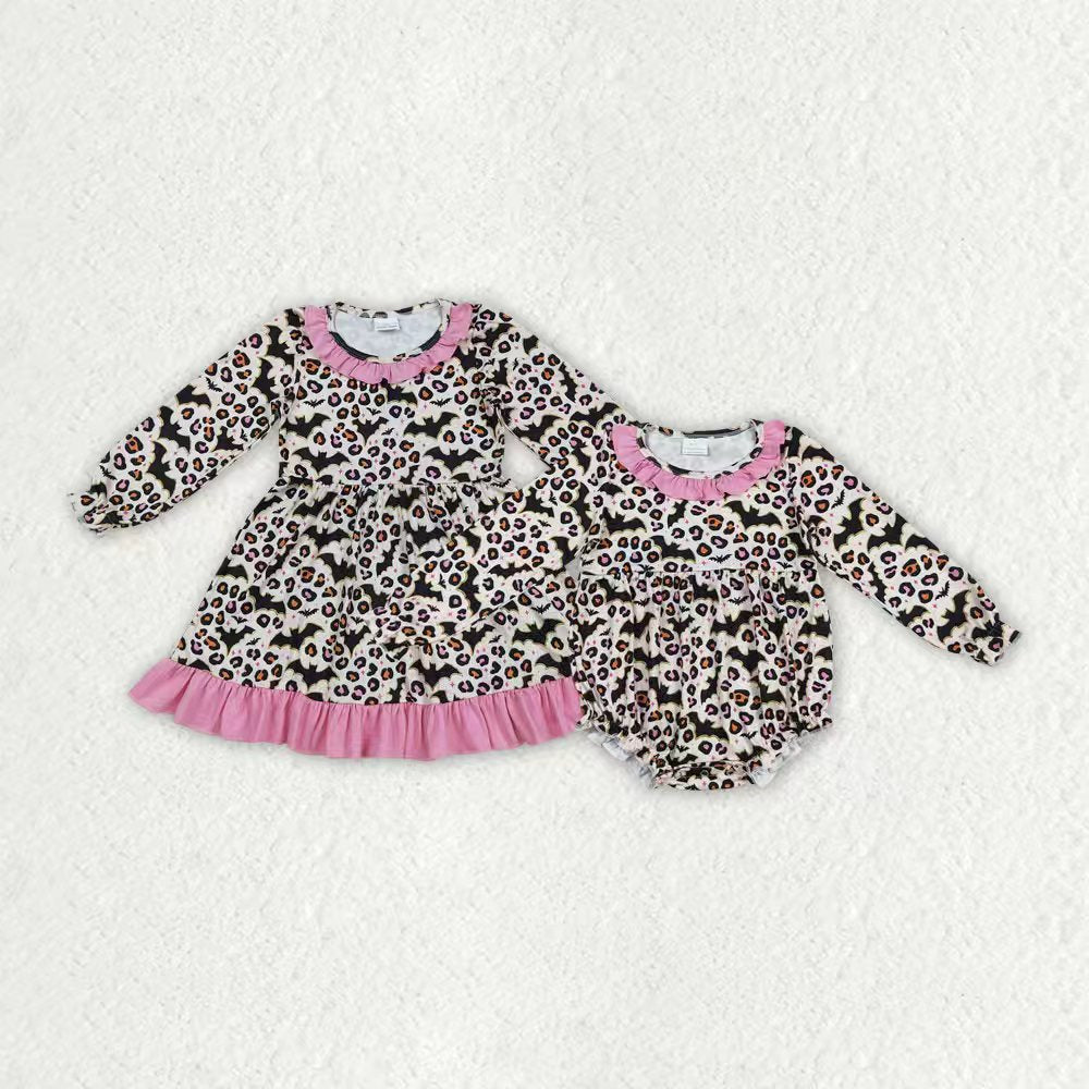 Halloween bat leopard design girls long sleeve boutique dress