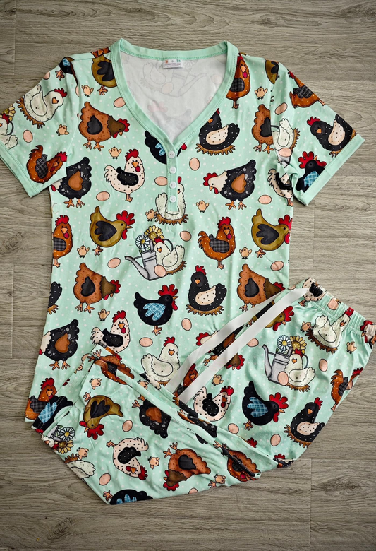 Adult women farm chicken short sleeve pajama set