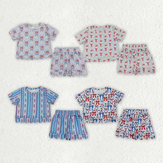 July 4th red blue bow top matching shorts girl summer clothes