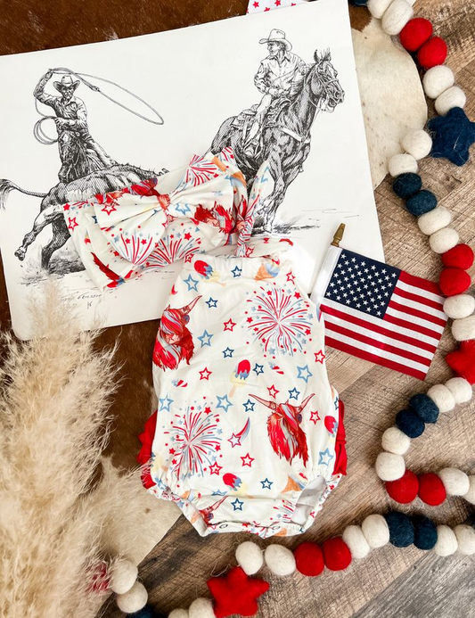 toddle girls july 4th highland cow romper