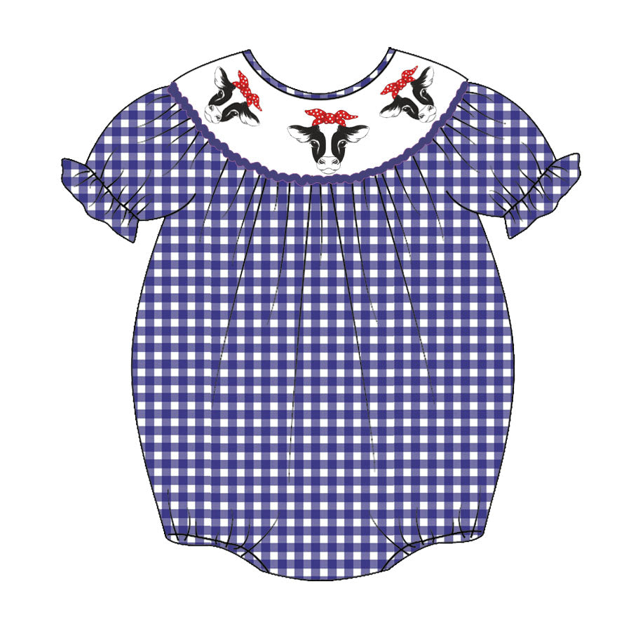 Newborn baby girls cow animal blue gingham romper