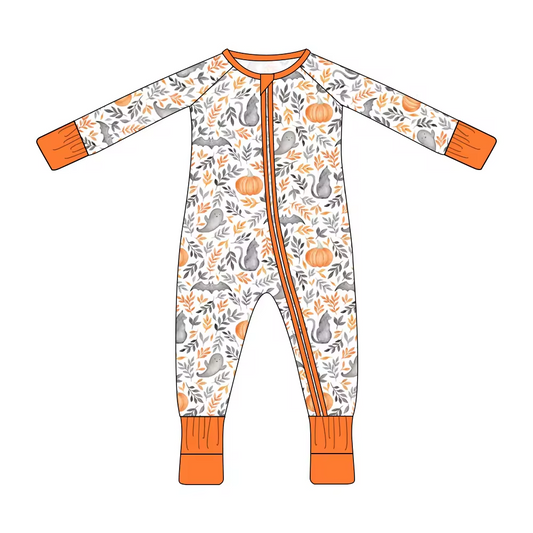 infant baby long sleeve pumpkin ghost halloween zip romper