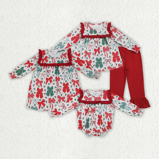 Christmas red green bow long sleeve top matching pants clothes