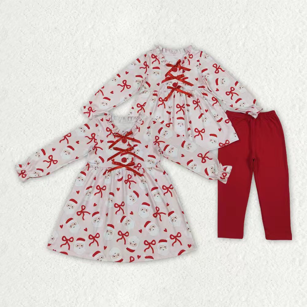 Christmas santa claus red bow kids long sleeve matching pajama set