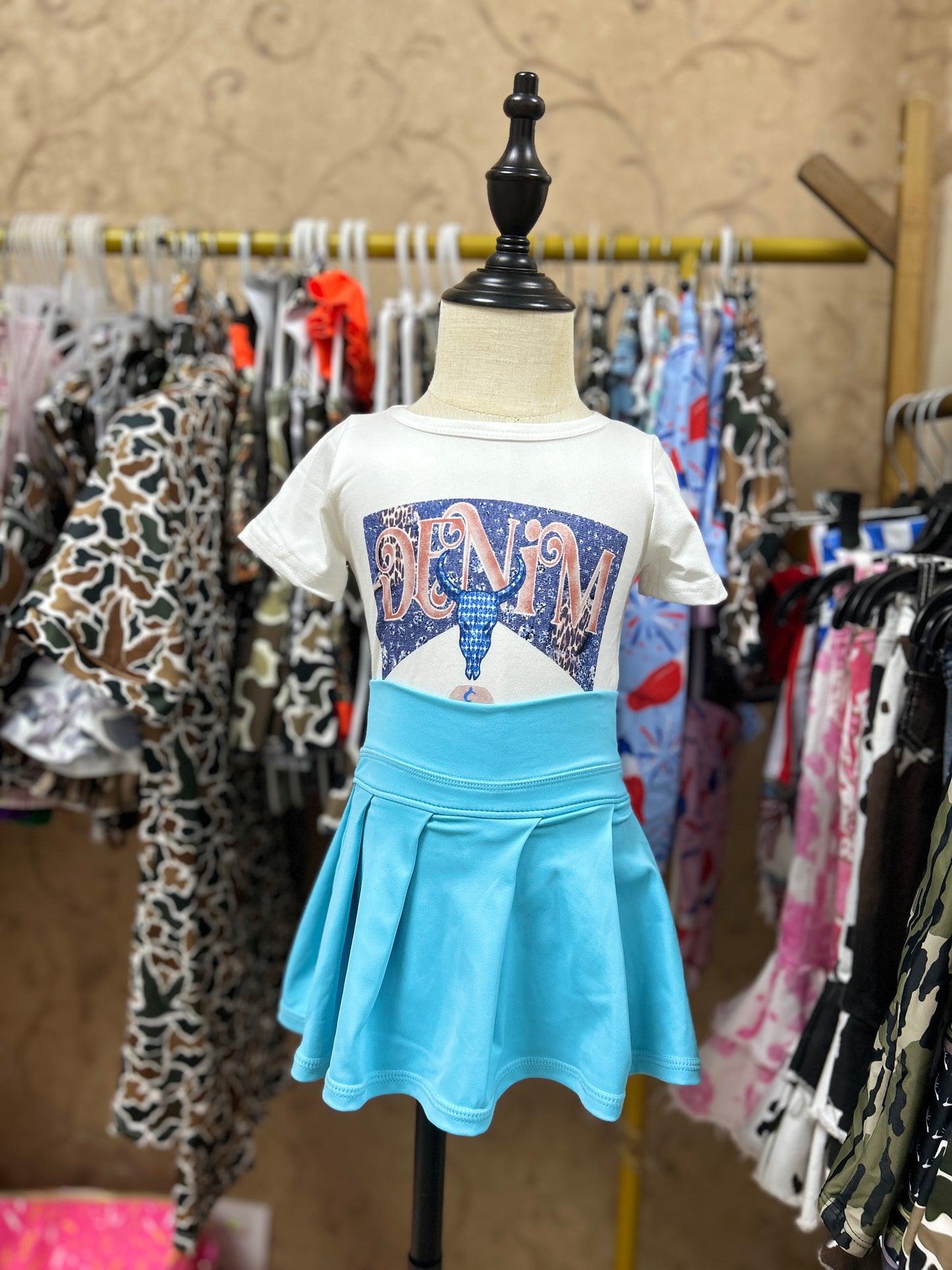 Girls western shirt matching sky blue yoga skirt summer outfit