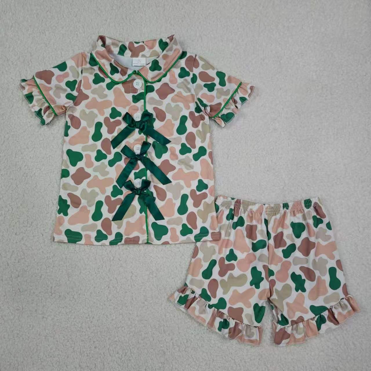 Pink bow camo top matching shorts girls pajama set