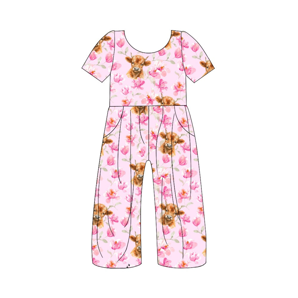 highland cow pink floral wide leg jumpsuit