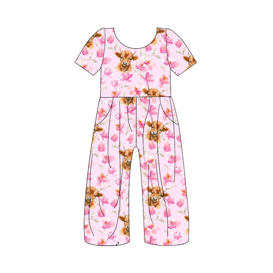 highland cow pink floral wide leg jumpsuit