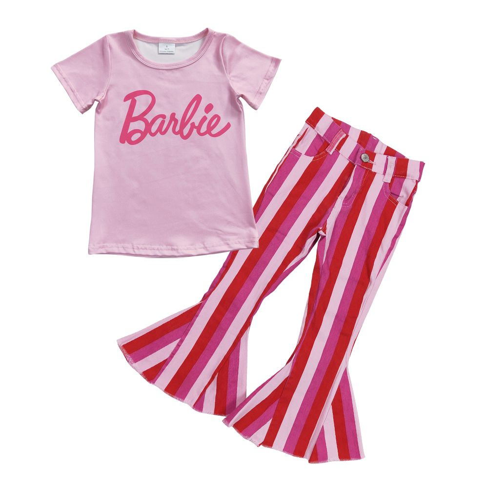 Girls short sleeve doll top pink stripes denim pants 2pcs clothes set outfit