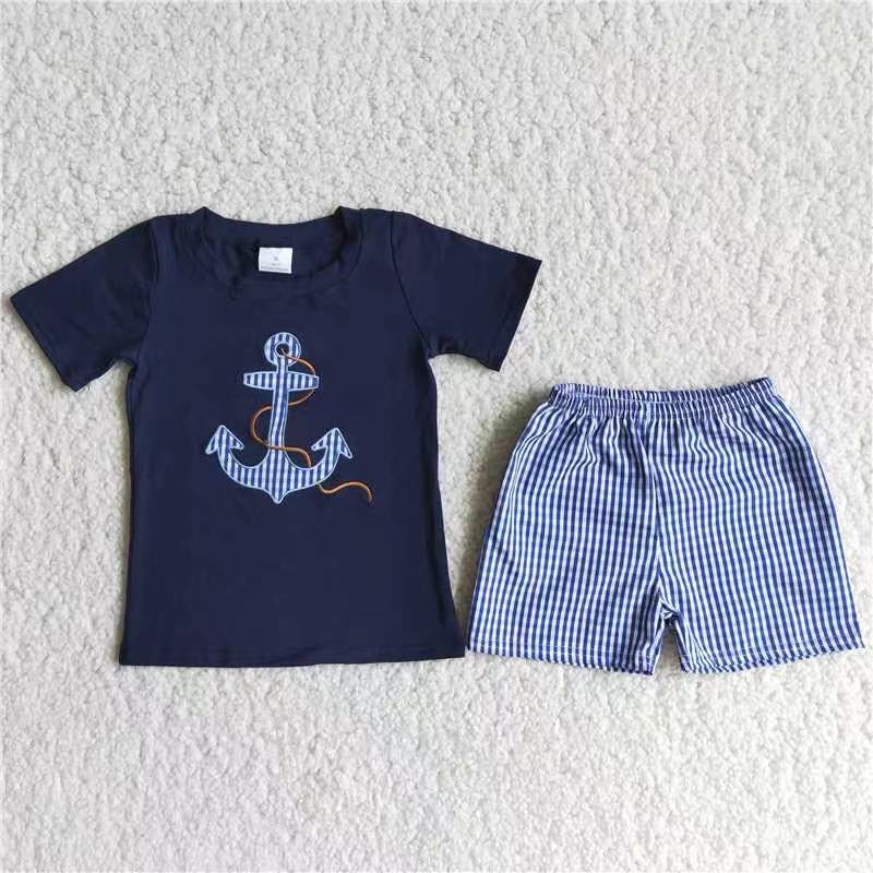 Boys embroidery design anchor summer short set