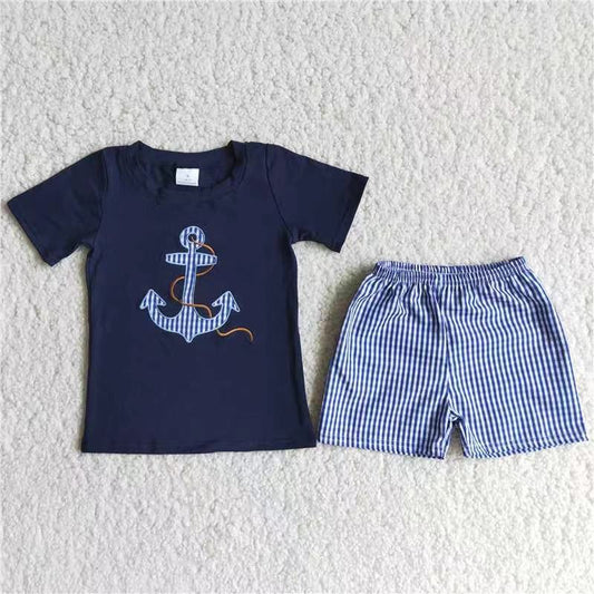 Boys embroidery design anchor summer short set