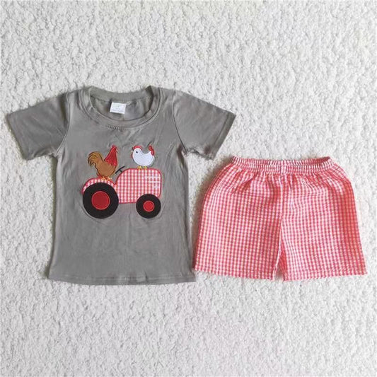 Boys embroidery design chicken summer short set