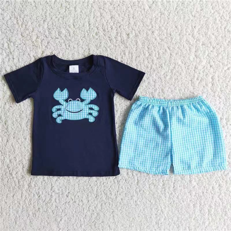 Boys embroidery design crab summer short set