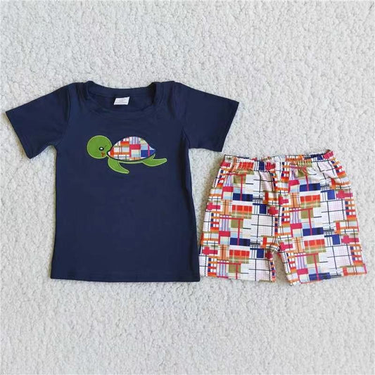 Boys embroidery design turtle short set