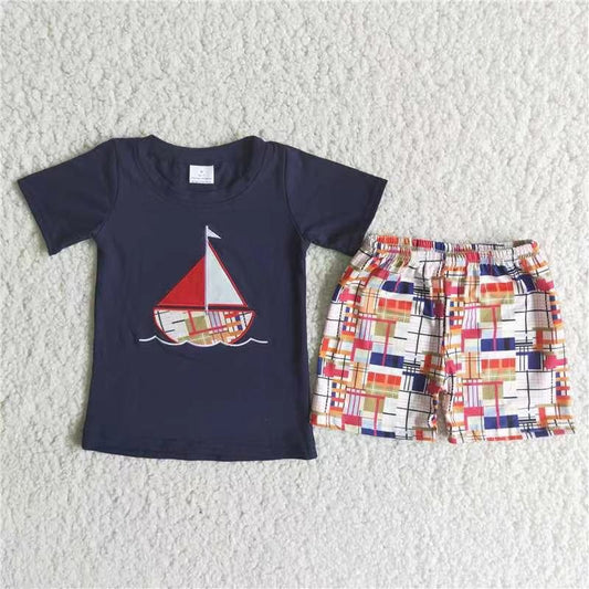 Boys embroidery design sailboat short set